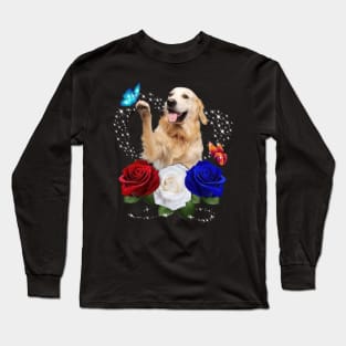 Golden Retriever Butterfly Red Blue White Rose Independence Day Long Sleeve T-Shirt